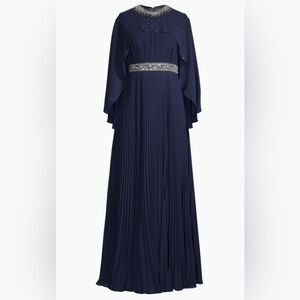 BASIX Embellished Chiffon Caplet Gown Maxi Platted Navy Dress